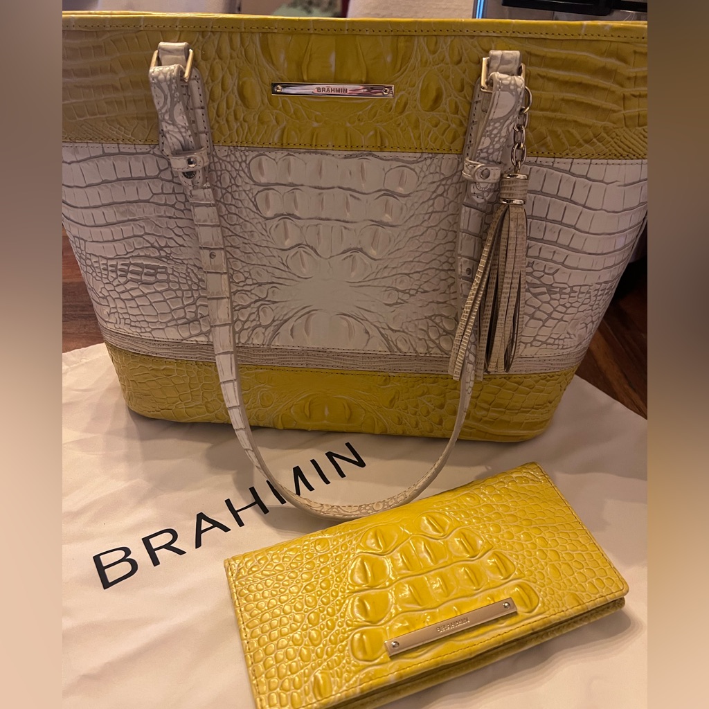Brahmin Asher Bag And Wallet -- Buttercup And White Euc